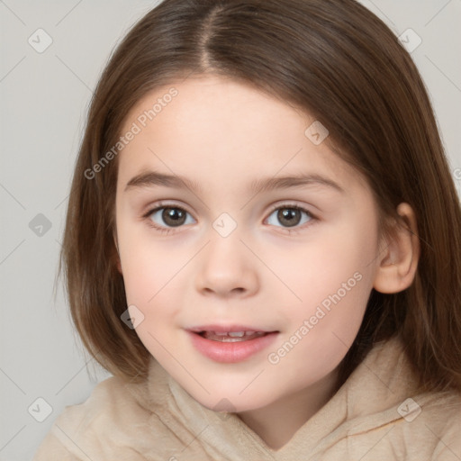 Joyful white child female with medium  brown hair and brown eyes