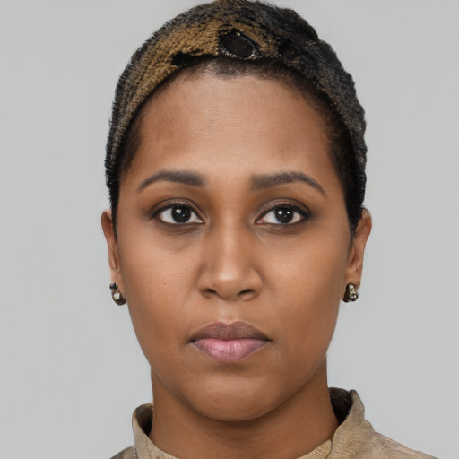 Neutral black young-adult female with short  brown hair and brown eyes
