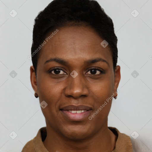Joyful black young-adult female with short  black hair and brown eyes