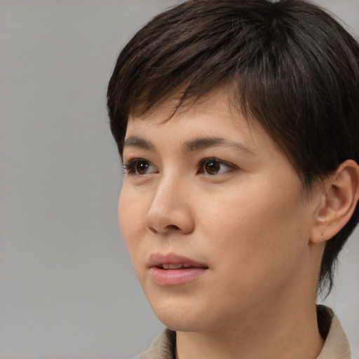 Neutral asian young-adult female with short  brown hair and brown eyes
