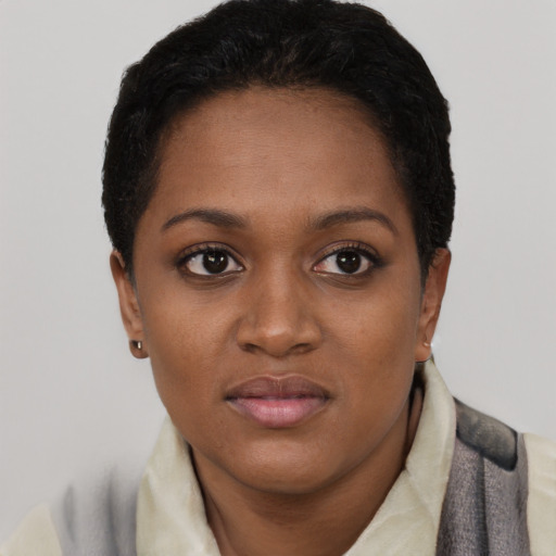 Joyful black young-adult female with short  black hair and brown eyes
