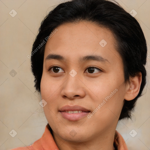 Joyful white young-adult female with medium  brown hair and brown eyes