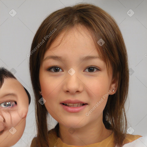 Joyful white child female with medium  brown hair and brown eyes