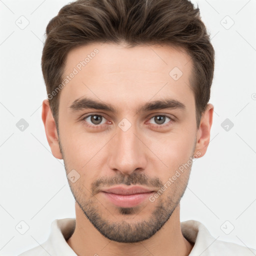 Neutral white young-adult male with short  brown hair and brown eyes