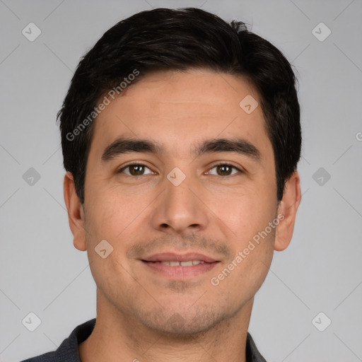 Joyful white young-adult male with short  black hair and brown eyes