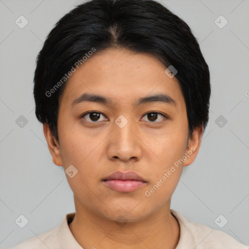 Neutral asian young-adult male with short  black hair and brown eyes