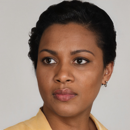 Neutral black young-adult female with short  black hair and brown eyes