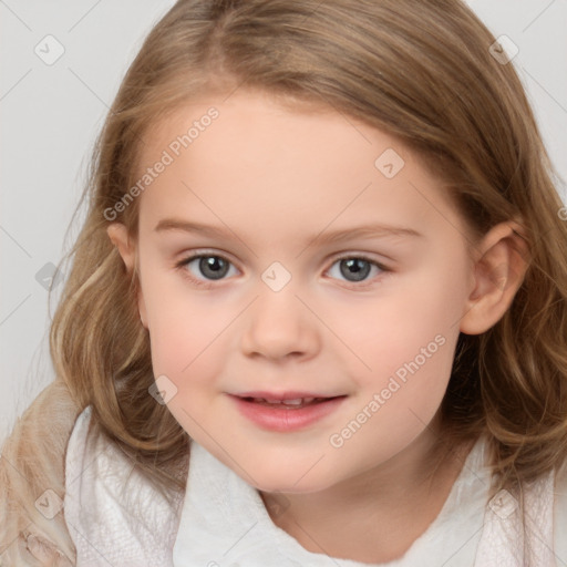 Joyful white child female with medium  brown hair and brown eyes