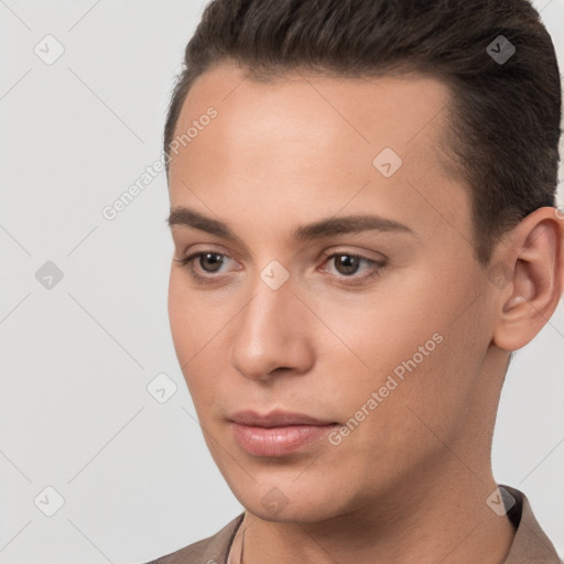 Neutral white young-adult male with short  brown hair and brown eyes