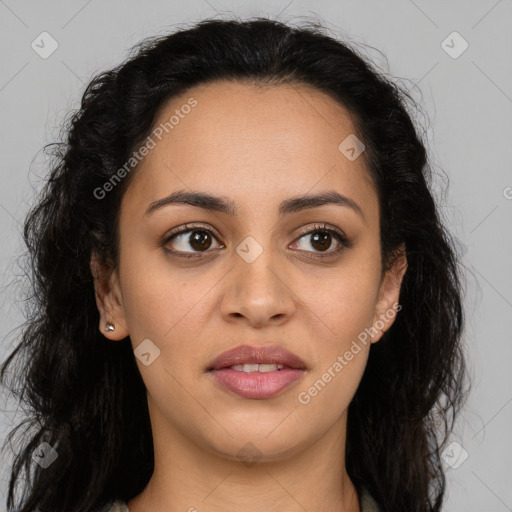 Joyful latino young-adult female with long  brown hair and brown eyes