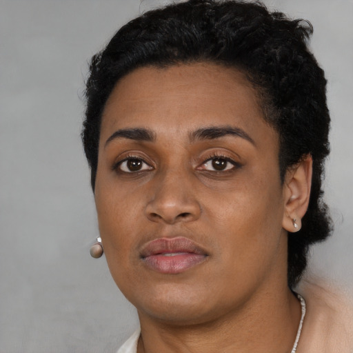 Neutral black young-adult female with short  black hair and brown eyes
