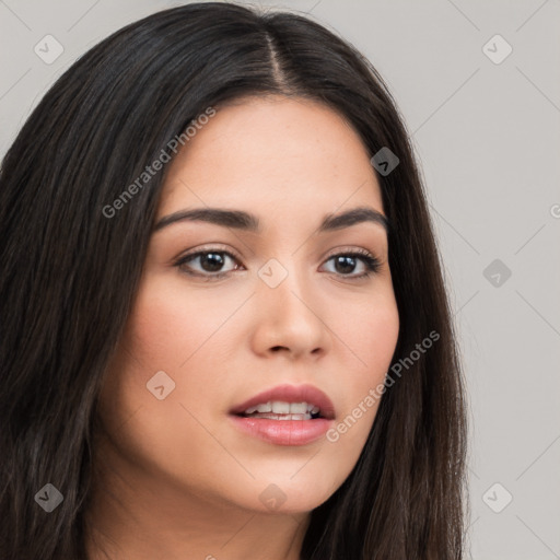 Neutral white young-adult female with long  brown hair and brown eyes