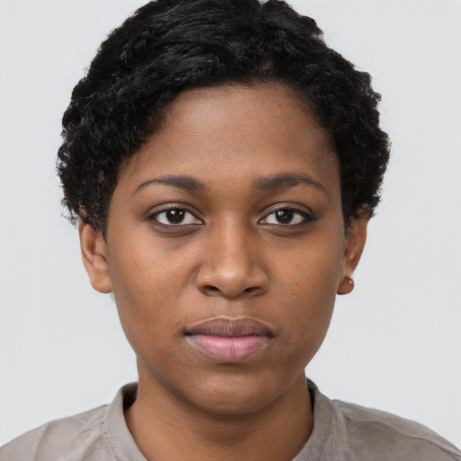 Neutral black young-adult female with short  black hair and brown eyes
