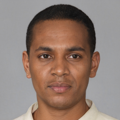 Neutral black young-adult male with short  brown hair and brown eyes