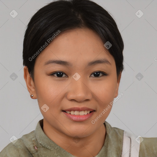 Joyful asian young-adult female with short  black hair and brown eyes