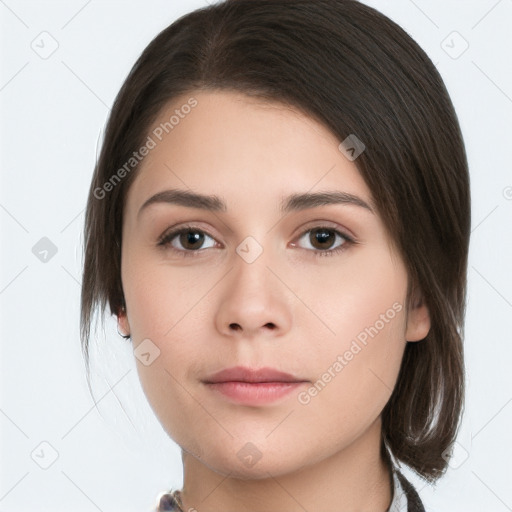 Neutral white young-adult female with medium  brown hair and brown eyes