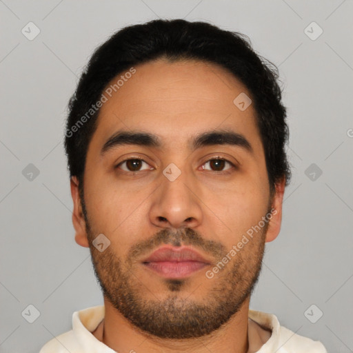 Neutral latino young-adult male with short  black hair and brown eyes