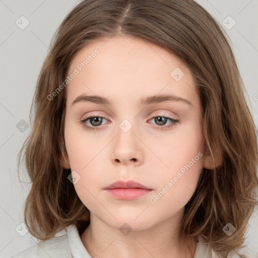 Neutral white young-adult female with medium  brown hair and grey eyes