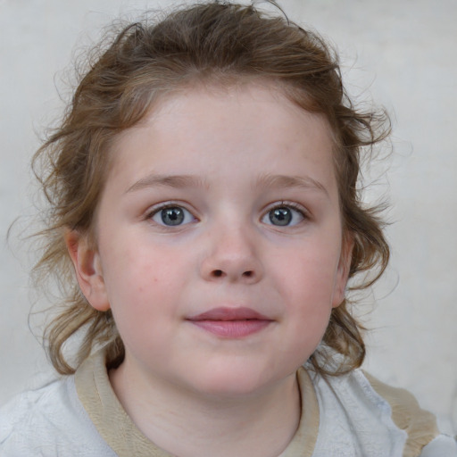 Neutral white child female with medium  brown hair and blue eyes