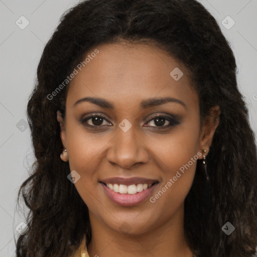 Joyful black young-adult female with long  brown hair and brown eyes