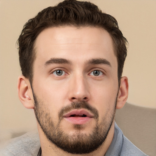 Neutral white young-adult male with short  brown hair and brown eyes