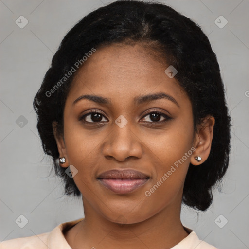 Joyful black young-adult female with medium  black hair and brown eyes