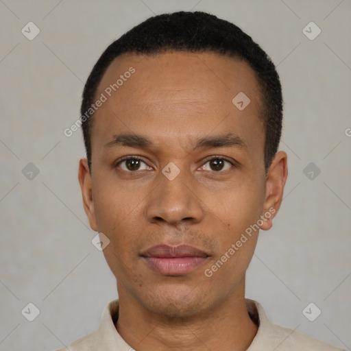 Neutral black young-adult male with short  black hair and brown eyes