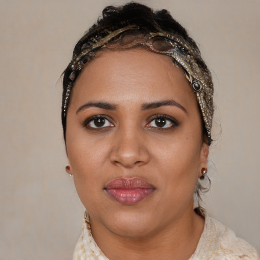 Joyful black young-adult female with medium  brown hair and brown eyes