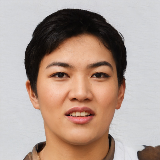 Joyful asian young-adult female with short  black hair and brown eyes