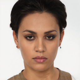 Neutral white young-adult female with short  brown hair and brown eyes