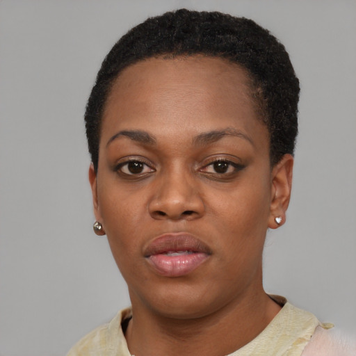 Neutral black young-adult female with short  black hair and brown eyes