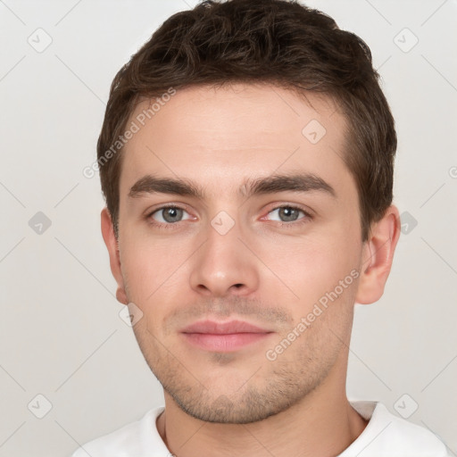 Neutral white young-adult male with short  brown hair and brown eyes