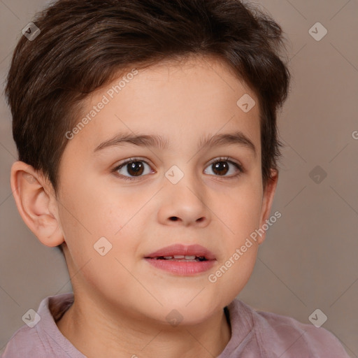 Joyful white child female with short  brown hair and brown eyes