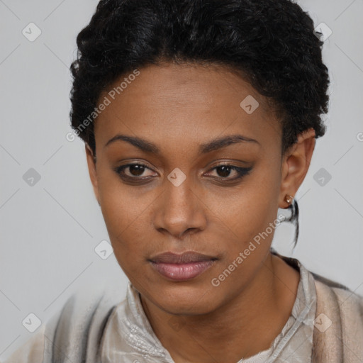 Neutral black young-adult female with short  black hair and brown eyes