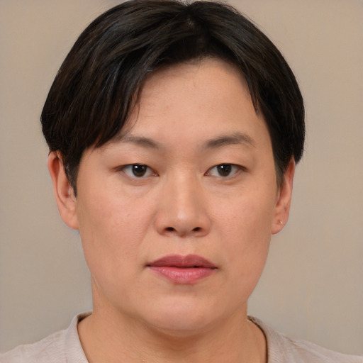 Neutral asian young-adult female with short  brown hair and brown eyes