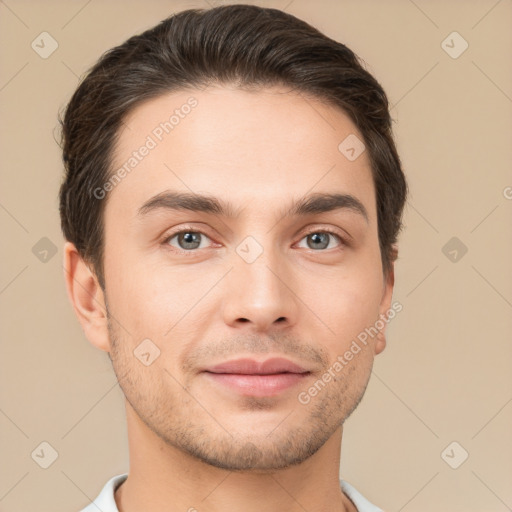 Neutral white young-adult male with short  brown hair and brown eyes