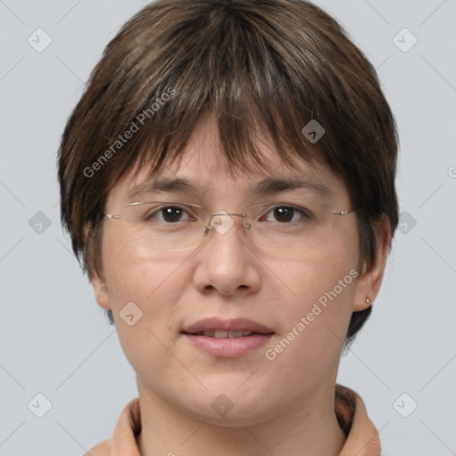 Joyful white adult female with short  brown hair and brown eyes