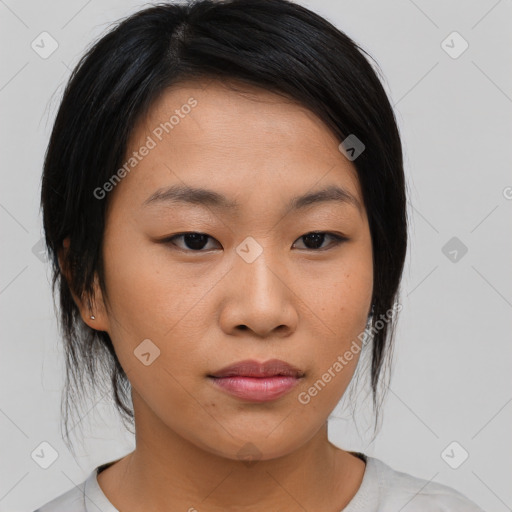 Neutral asian young-adult female with medium  black hair and brown eyes