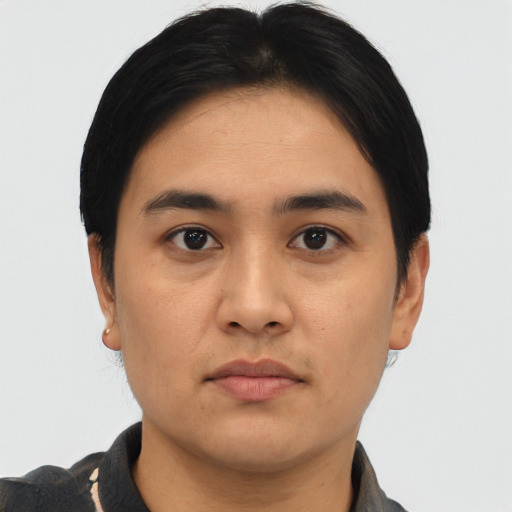 Neutral asian young-adult male with short  black hair and brown eyes