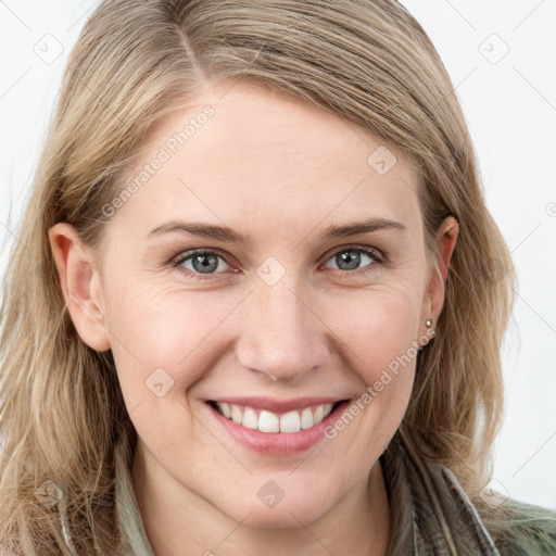 Joyful white young-adult female with long  brown hair and blue eyes