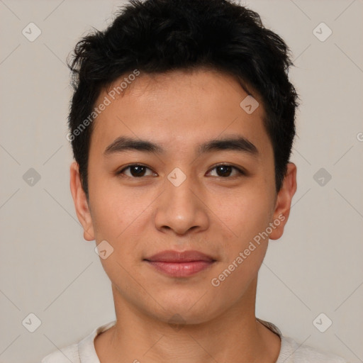 Joyful asian young-adult male with short  black hair and brown eyes