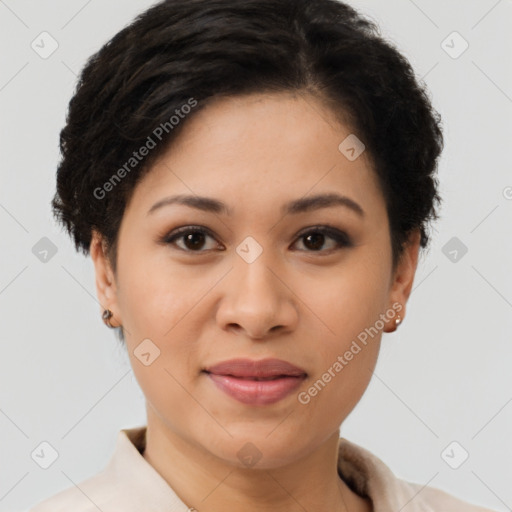 Joyful latino young-adult female with short  brown hair and brown eyes