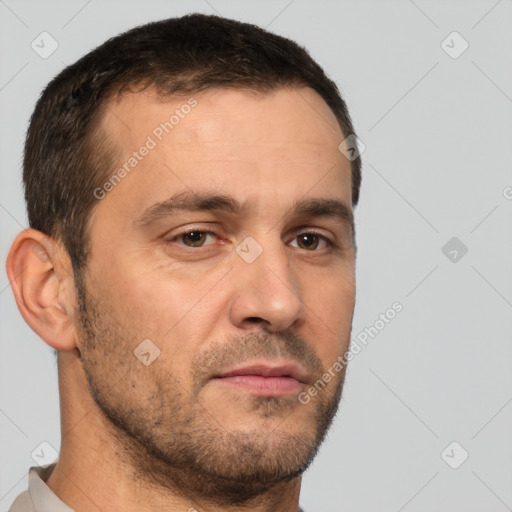 Neutral white adult male with short  brown hair and brown eyes