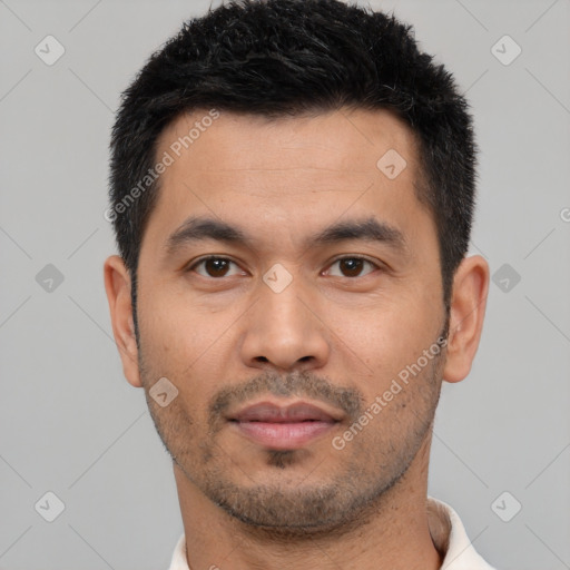 Neutral asian young-adult male with short  black hair and brown eyes