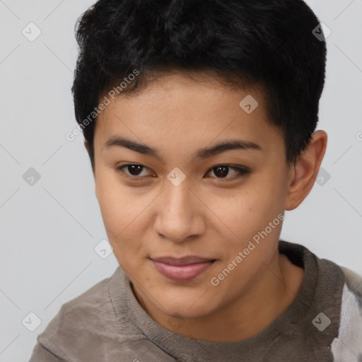 Joyful latino young-adult female with short  black hair and brown eyes