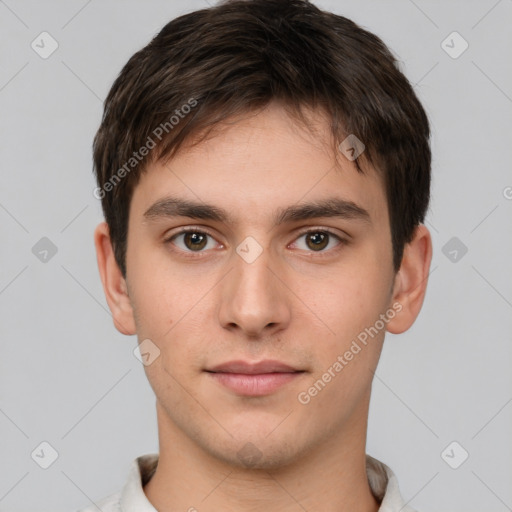 Neutral white young-adult male with short  brown hair and brown eyes