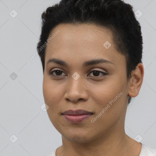 Joyful latino young-adult female with short  black hair and brown eyes