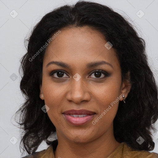 Joyful black young-adult female with long  brown hair and brown eyes