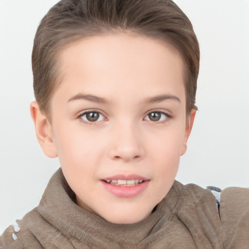 Joyful white child female with short  brown hair and brown eyes