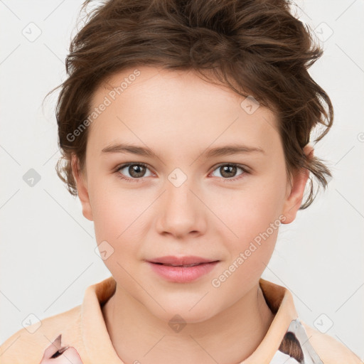 Joyful white child female with medium  brown hair and brown eyes